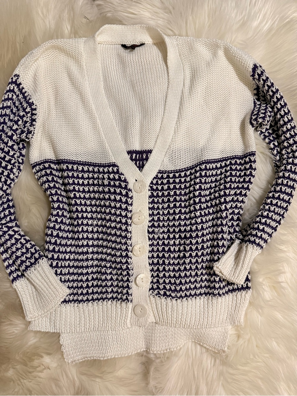 My Story White & Navy Textured Knit Button-Down Cardigan
